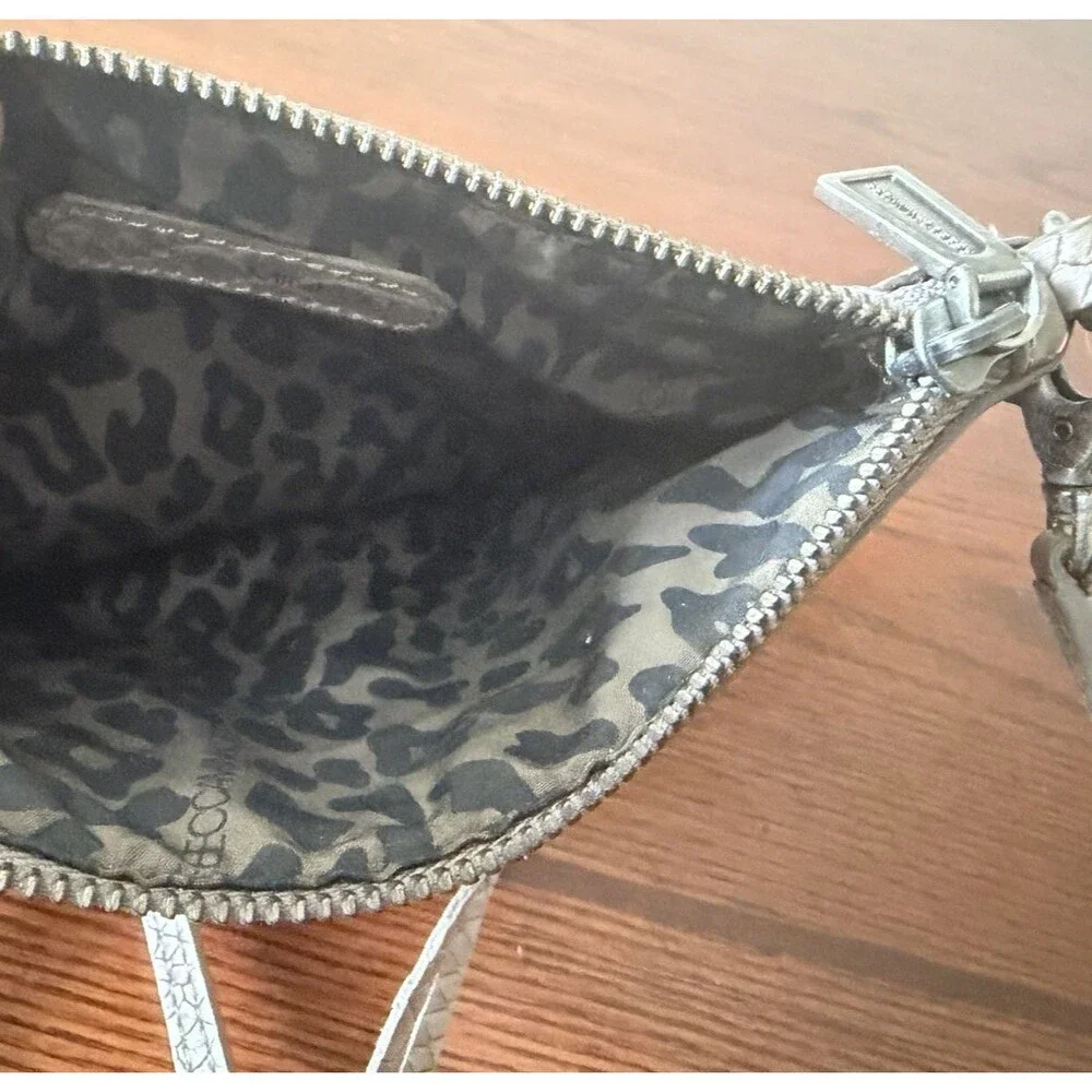 Rebecca Minkoff 3-Zip Crossbody Bag Taupe Grey Snake Embossed Leather Fringe